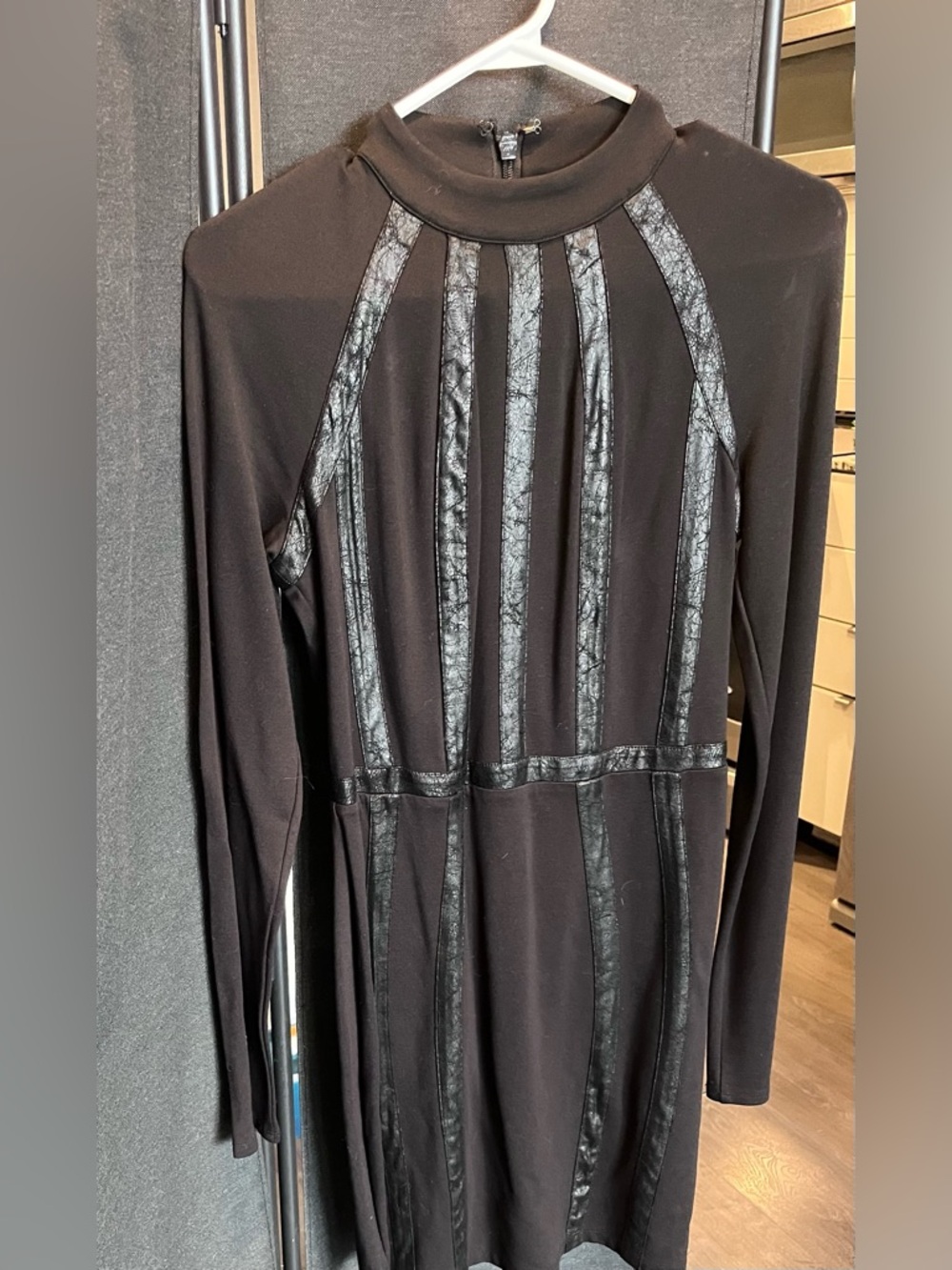 bebe Black Long-Sleeve Faux Leather Trim Bodycon Dress